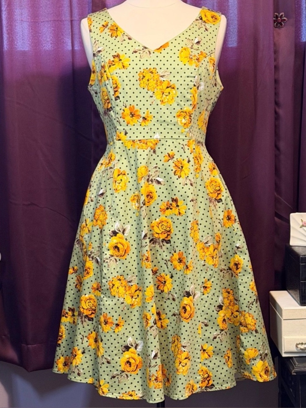 Eva Rose Retro Yellow Floral Mint Dot Fit And Flare Cotton Swing Dress